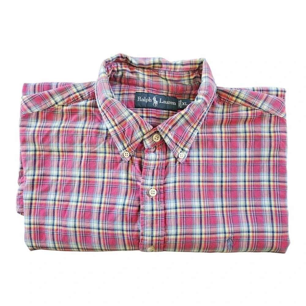 POLO RALPH LAUREN BUTTON SHIRT -XL- BURGUNDY RED BROWN WHITE CHECK‎ -BLUE PONY